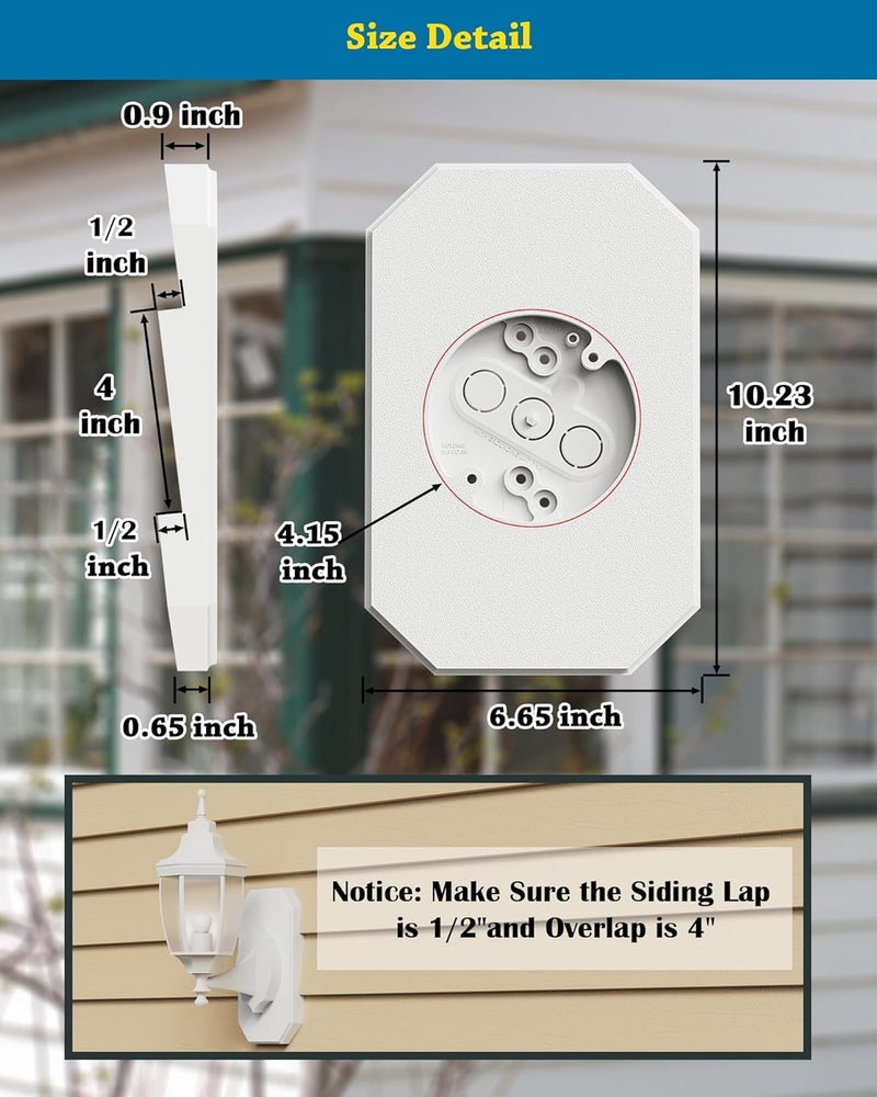 Cixiaor Siding Light Mounting Block, 8141DBL White Outdoor Mounting Plate kit with Built-in Electrical Box, Vinyl Siding Block for 1/2 inch Double, 2 Pack - Image 2